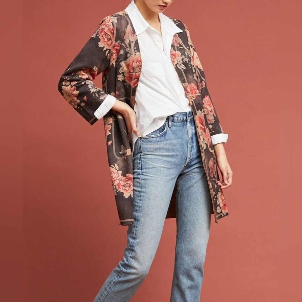 Anthropologie Solitaire NWT Faux Suede Butterfly Floral Long Line Open Jacket M